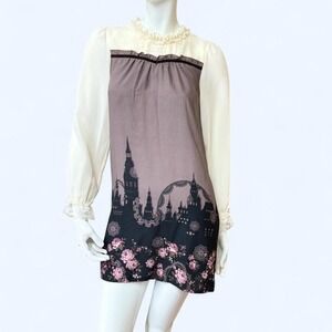Axes Femme Japanese Fairy Tale Castle Floral Mini Dress Mauve Gray M TS362X43